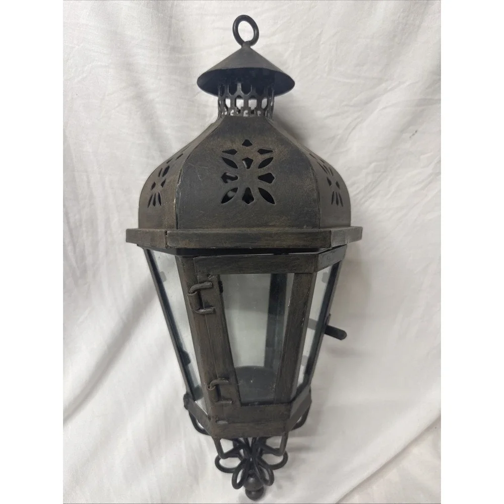 VTG Spanish Colonial METAL GLASS Hanging LANTERN GOTH Candle Indoor Outdoor